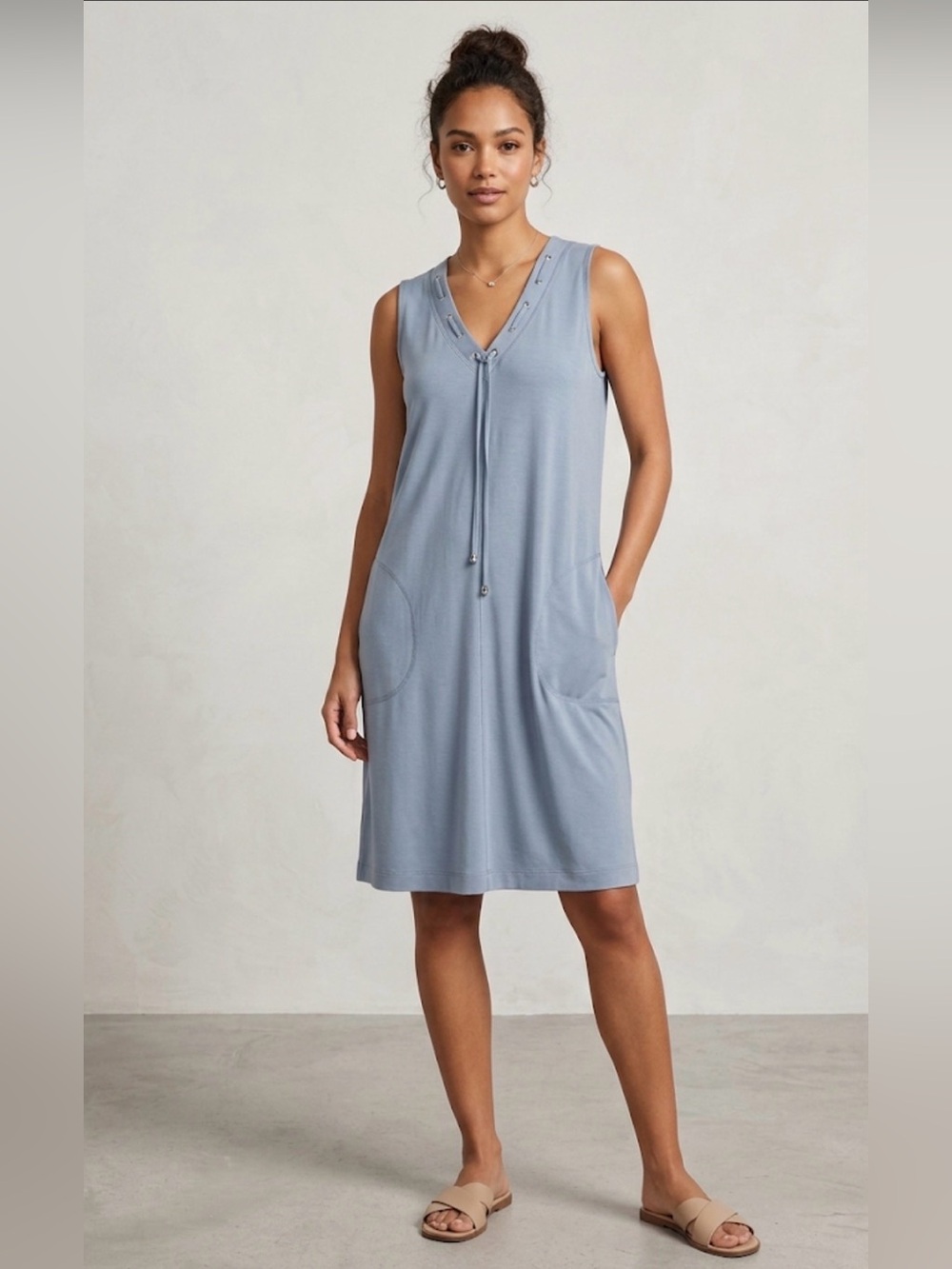 True Essence Sleeveless Light Blue V-Neck Bamboo Dress